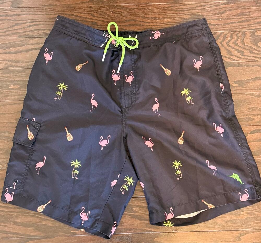 Tommy Bahama Men’s Flamingo Tropical Swim Trunks Board Shorts Large Black Pink
